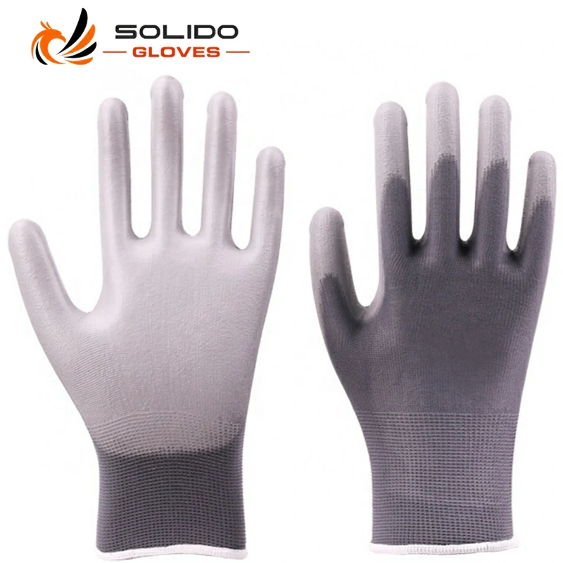 15G Grey Polyester Shell PU Coated Safety Work Gloves.