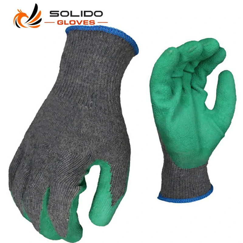 15G grey polyester green latex wrinkle Anti-Slip work gloves